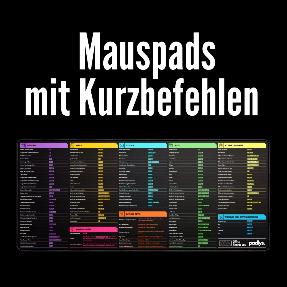 Padlys - Excel Mauspad Deutsch – Tastenkombinationen – Made in Germany