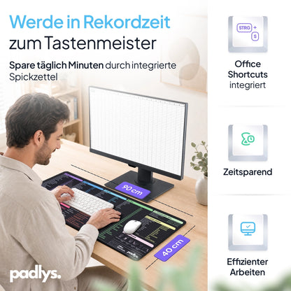 Office Mauspad Deutsch in 90 x 40 cm im Einsatz am Schreibtisch mit Monitor und Tastatur