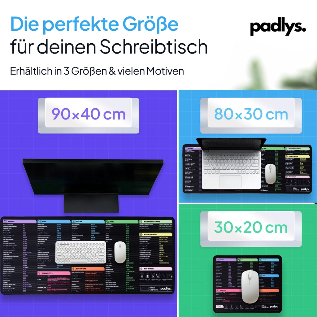 Office Mauspad Deutsch im Größenvergleich: 90 x 40 cm, 80 x 30 cm und 30 x 20 cm