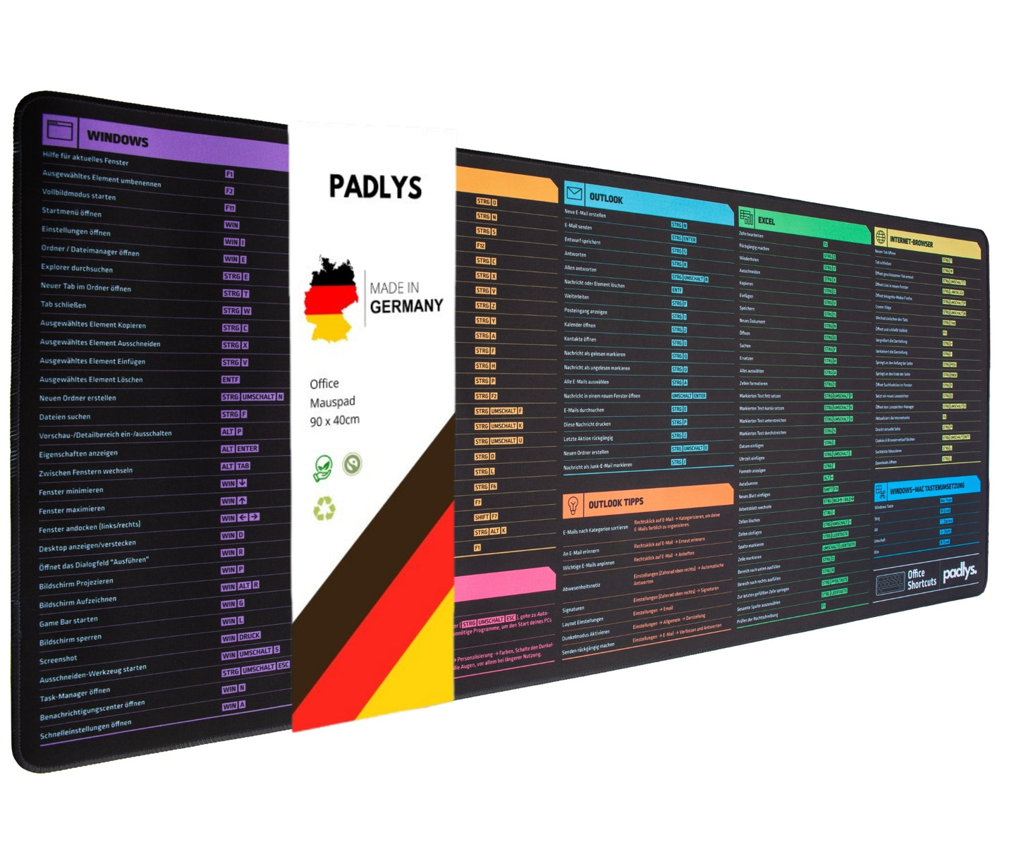 Padlys - Office Mauspad Deutsch – Tastenkombinationen – Made in Germany